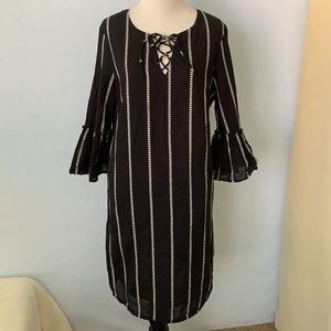 Black w/ White Striped Flare Sleeve Dress Emberley